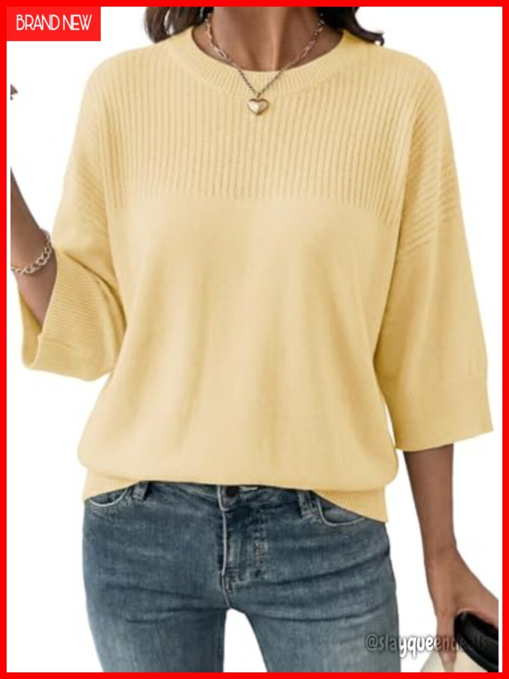 Womens Oversized 3/4 Sleeve Cropped Knit Sweater Pullover
